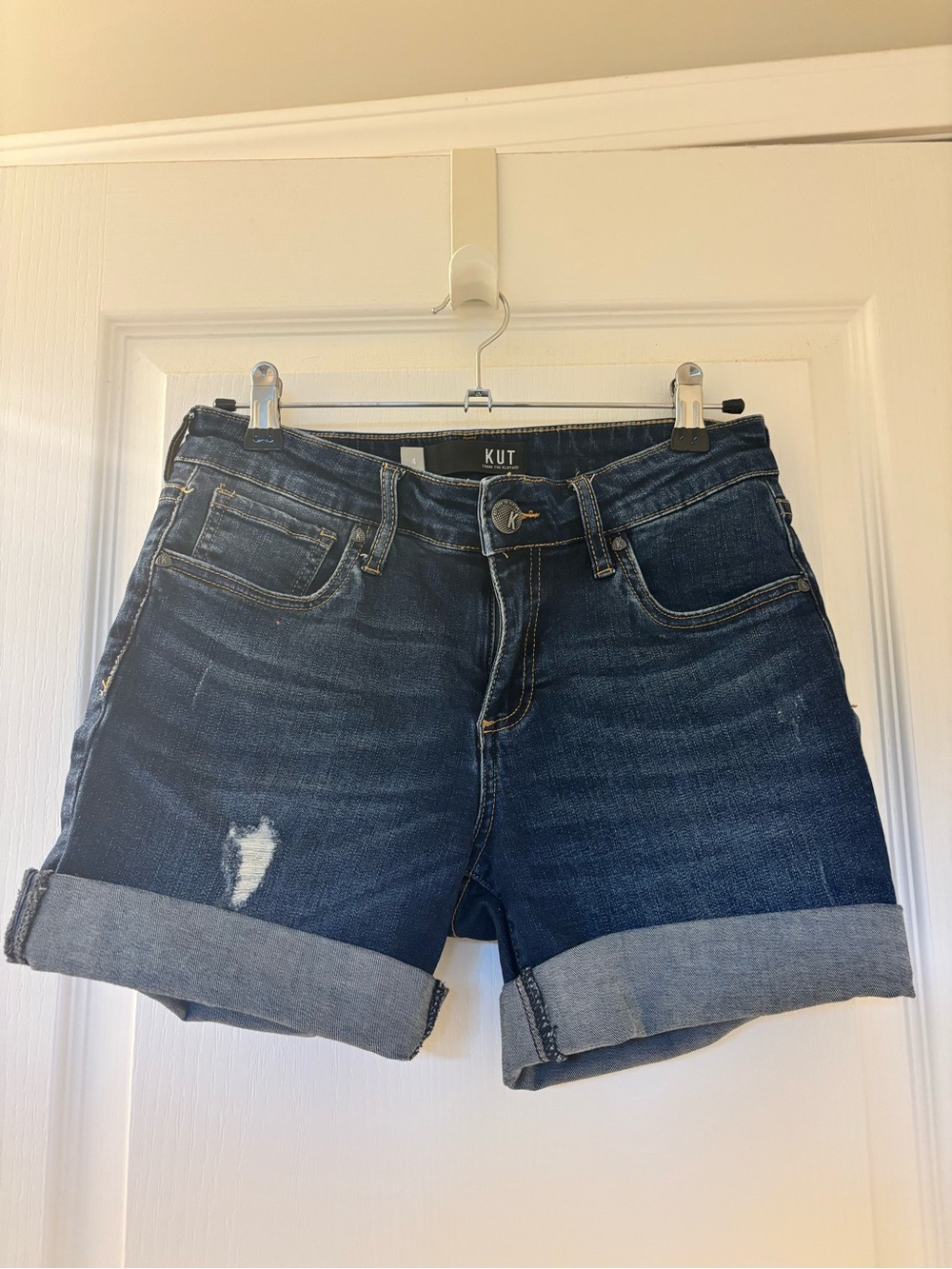 Kut from the Kloth Dark Blue Boyfriend Distressed Roll-Cuff Denim Shorts